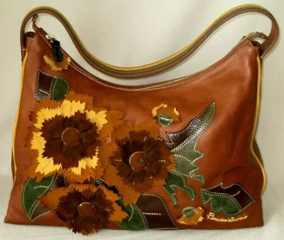 BRACCIALINI ITALY BROWN LEATHER SUEDE FLOWERS/LEAVES APPLIQUE SHOULDER HANDBAG  - Image 1 of 4
