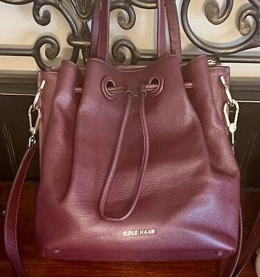 Authentic Cole Haan Pebbled Leather Cabernet Burgundy Hobo Bucket Bag - Image 1 of 4