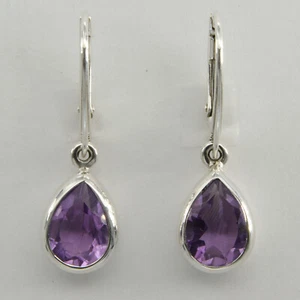 925 Sterling Silver - Purple Drop / Pear Amethyst Teardrop Leverback Earring - Picture 1 of 4