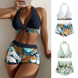 Damen-Bikini-Set Gepolstertes Neckholder-Top Und Florale Badeshorts Hoch æ - Bild 1 von 18