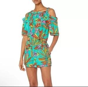 Trina Turk Women's Cabana Tropical Multicolor Teal Romper Size Large EUC - Picture 1 of 6
