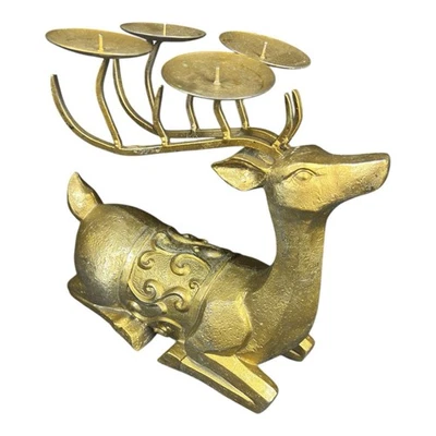 Candelabro de reno sentado resina tono dorado grande 12” cuatro plataformas Foto 1 de 4