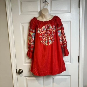 FREE PEOPLE Fleur Du Jour Red Linen Floral Embroidered Shift Dress Size XS - Picture 1 of 12