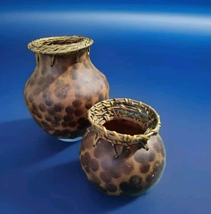 2 Margies Garden Terracotta Neutral Matte Pottery Planters Woven Rattan Rustic - Picture 1 of 18