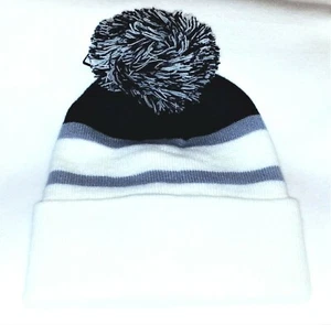 Knit Cuff Hat Toboggan Beanie Unisex Pom Pom Navy Gray White Stripe Double Layer - Picture 1 of 2