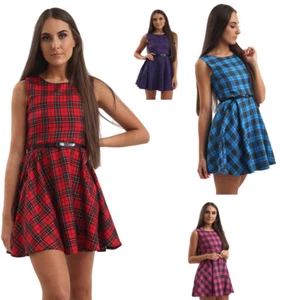 Nuevo Mujeres Damas Sin mangas Lurex Tartan a cuadros swing Mini Vestido - Imagen 1 de 13