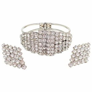 Art Deco Demi Parure Pave klare Kristall geometrische Clip-On Ohrringe und Armband - Bild 1 von 4