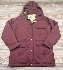 Vtg Woolrich Mens Jacket M Burgundy Hood Full Zip Snap Pocket Cabincore Gorpcore - Picture 1 of 16