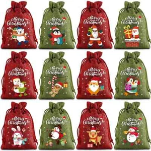 12 bolsas pequeñas de arpillera de Navidad con cordón bolsas de regalos para regalos de fiesta - Imagen 1 de 8
