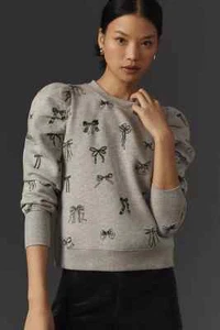 Anthropologie Maeve Puff-Sleeve Embroidered Sweatshirt XS new with tag gray - Picture 1 of 14