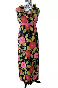 Barkcloth Hawaiian Vintage 1960s Cotton Maxi Dress Ruffles & Empire - Picture 1 of 7