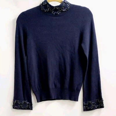 Suéter Ann Taylor Petite Medio Azul Tejido Negro Lentejuelas Cuentas Cuello Simulado Foto 1 de 4