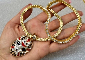 1 Row Crystal  cz Chain Necklace Hip Hop Pendant Mask Face Red Set - Picture 1 of 2