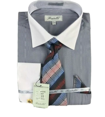 Camisa social masculina cinza Fratello combo gravata lenço punhos franceses tamanhos 17,5 - 19,5 - Imagem 1 de 3