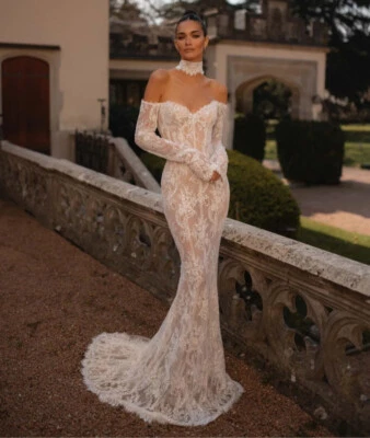 Elegant Mermaid Wedding Dress Off Shoulder Long Sleeved Lace Sequins Bridal Gown - Image 1 of 4