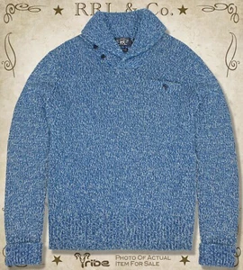 RRL Ralph Lauren Men's Blue Indigo Marled Ring-Spun Cotton Heavy Shawl Sweater - Picture 1 of 3