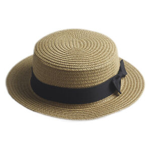 Women Men Summer Straw Boater Hat Boonie Hats Beach Sunhat Bowler Caps Flat Top