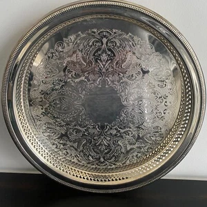 Vintage Oneida Reticulated Silver Plated Round Victorian Serving Butler's Tray - Picture 1 of 9