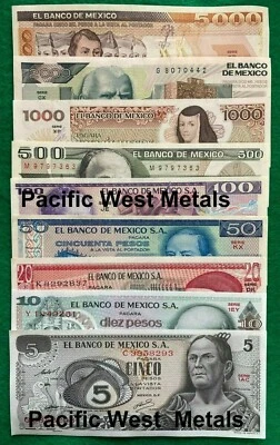 JUEGO DE 9 BILLETES DE MÉXICO SERIE 5,10,20,50,100,500,1000 2000 5000 PESOS LOTE SIN CIRCULAR Foto 1 de 4