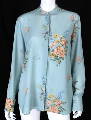 ALEXANDER McQUEEN порошок синий шелк креп цветочный печать высокий воротник блузка 46 - Изображение 1 из 4