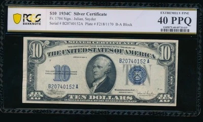 AC 1934C $10 Silver Certificate PCGS 40 PPQ Fr 1704 - Image 1 of 2