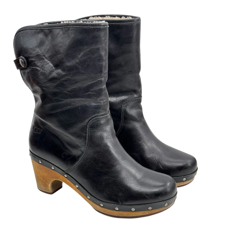Bota forrada de piel de oveja UGG Lynnea talla 7 para mujer zueco de madera puño tirar de cuero  Foto 1 de 4