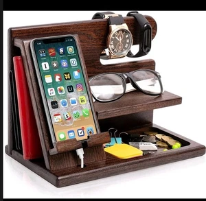 TESLYAR Wood Phone Docking Station for Men - Desk or Nightstand Organizer - Picture 1 of 3