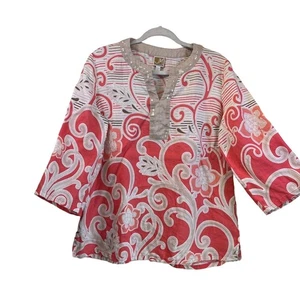 JM Collection Petite Womens L Cream Paisley V Neck 100% Linen Blouse LagenLook - Picture 1 of 8