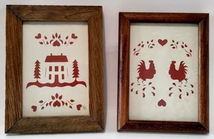 Scherenschnitte Folk Papierschnitt Kunst gerahmt Lot Hahn Landhaus Kiefer signiert  - Bild 1 von 6