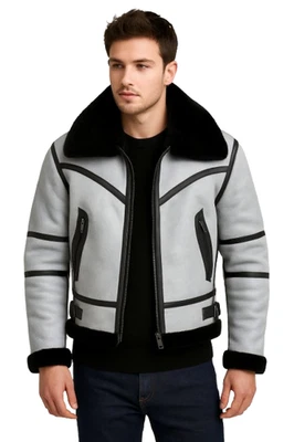 Men’s White B3 Shearling Aviator Leather Jacket – RAF Flight Bomber, Winter Warm - Image 1 of 4