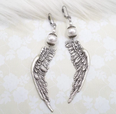 Silver Angel Wing Earrings, Goth Style White Pearl Handmade Statement Jewelry - Image 1 of 4