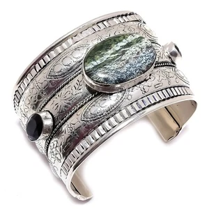 Verde Ópalo , Onix Piedra Preciosa Hecho 925 Plata de Ley Puño Pulsera Ajustable - Imagen 1 de 5