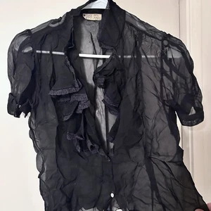 1950’s ‘60’s MCM BLACK Ruffled Sheer Short Sleeves Vintage Blouse Sz 36 Small - Picture 1 of 4
