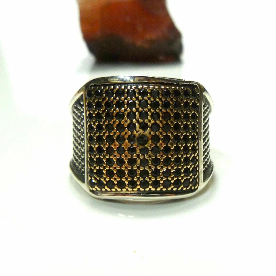 58 (18,4 MM Ø ) 925 Argento Sterling Anello Con Goldplatte Onice Ricoperto - Immagine 1 di 4