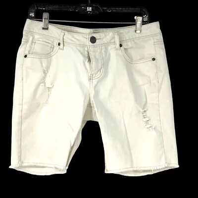Womens Mossimo Size 11 Jr White Jean Shorts Distress Mid Burmuda Stretch 3246 - Imagem 1 de 4