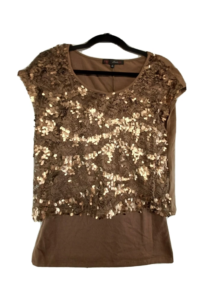 Heart Soul Top Womens Brown Medium Sequin Sleeveless Lace Round Neck Party - Image 1 of 4