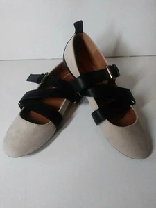 Qupid Womens Sz 6 Tan Ballet Slipper Shoes Black Cris Cros Strap - Picture 1 of 12