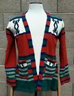 VTG Southwestern Native Print Aztec Red/Green/White Acrylic Cardigan Sweater  M