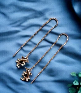 Ukraine Vintage Gold 585 14k Earrings Gold Women's Jewelry dolphins cubic zircon - Picture 1 of 19