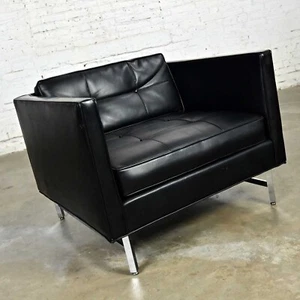 Modern Maurice Villency Black Vinyl Faux Leather & Chrome Cube Club Chair  - Picture 1 of 11