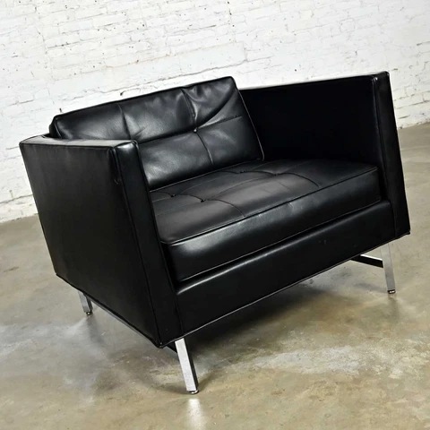 Modern Maurice Villency Black Vinyl Faux Leather & Chrome Cube Club Chair Cover