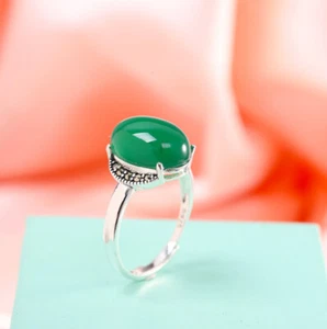 Anello In Argento Sterling 925 Ovale In Calcedon Verde Con Marcassite Regolabile - Foto 1 di 8