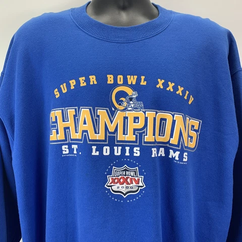 St Louis Rams Mens Size XL VTG 2000 Superbowl 34 NFL Blue Crewneck Sweater Cover
