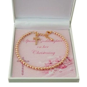 Girls Christening Bracelet, Rose Gold Beads. Gift for Daughter, Goddaughter etc - Picture 1 of 6