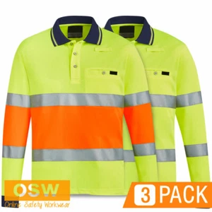 3 x Hi Vis Unisex L/S Biomotion Reflective QLD Road Controller Polo Safety Shirt - Picture 1 of 5