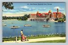 Chicago IL-Illinois, Humboldt Park Lagoon, Boat House, Dad & Kids Linen Postcard