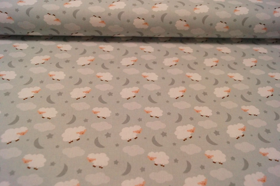 Tela Algodón 150cmx50cm 50x140 Oveja Luna Estrellas Gris Blanco Foto 1 de 1