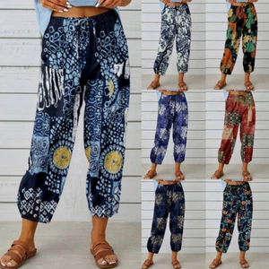 Women Cotton Linen Print Drawstring Trousers Ladies Summer Baggy Wide Leg Pants - Picture 1 of 16