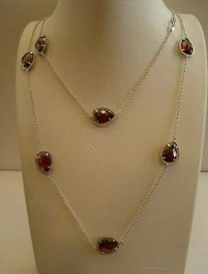 COLLAR LARGO EN FORMA DE PERA 36"" CON PIEDRAS PRECIOSAS GRANATE ROJO LABORATORIO/PLATA DE LEY 925  Foto 1 de 4