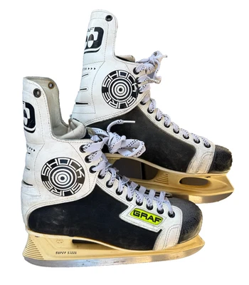 GRAF 4000 Vtg SZ 10 MEN'S ICE HOCKEY Shock Sure SKATES 11 1/3" Yale 049326 B&W - Image 1 of 4
